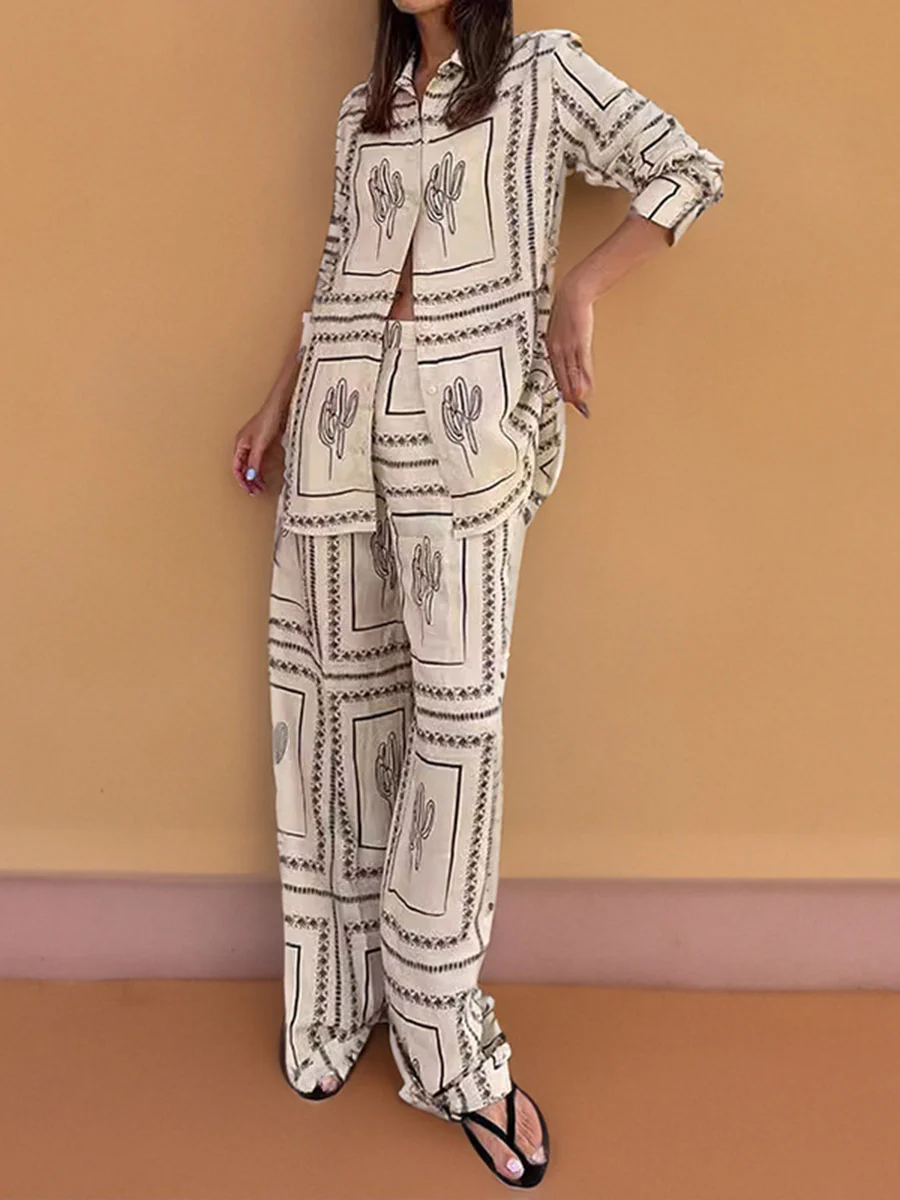 Loose Contrast Color Geometric Printed Split-Joint Long Sleeves Buttoned Lapel Blouses&Shirts Tops +  Pants Two Pieces Set - Image 2