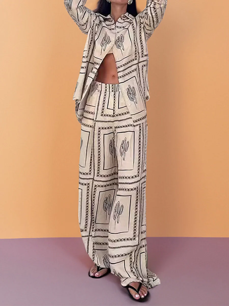 Loose Contrast Color Geometric Printed Split-Joint Long Sleeves Buttoned Lapel Blouses&Shirts Tops +  Pants Two Pieces Set - Image 3