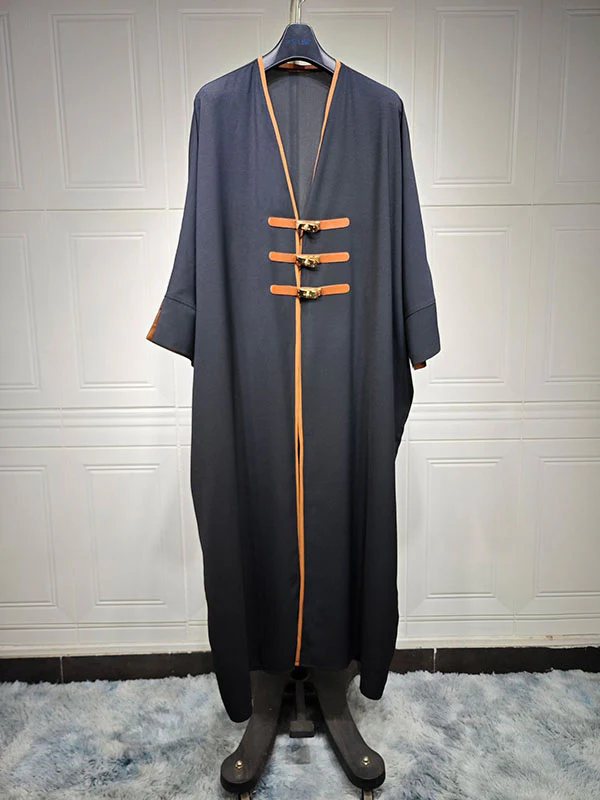 Loose Contrast Color Muslim Split-Joint V-neck Cover-Ups Tops Muslim Abaya - Image 6