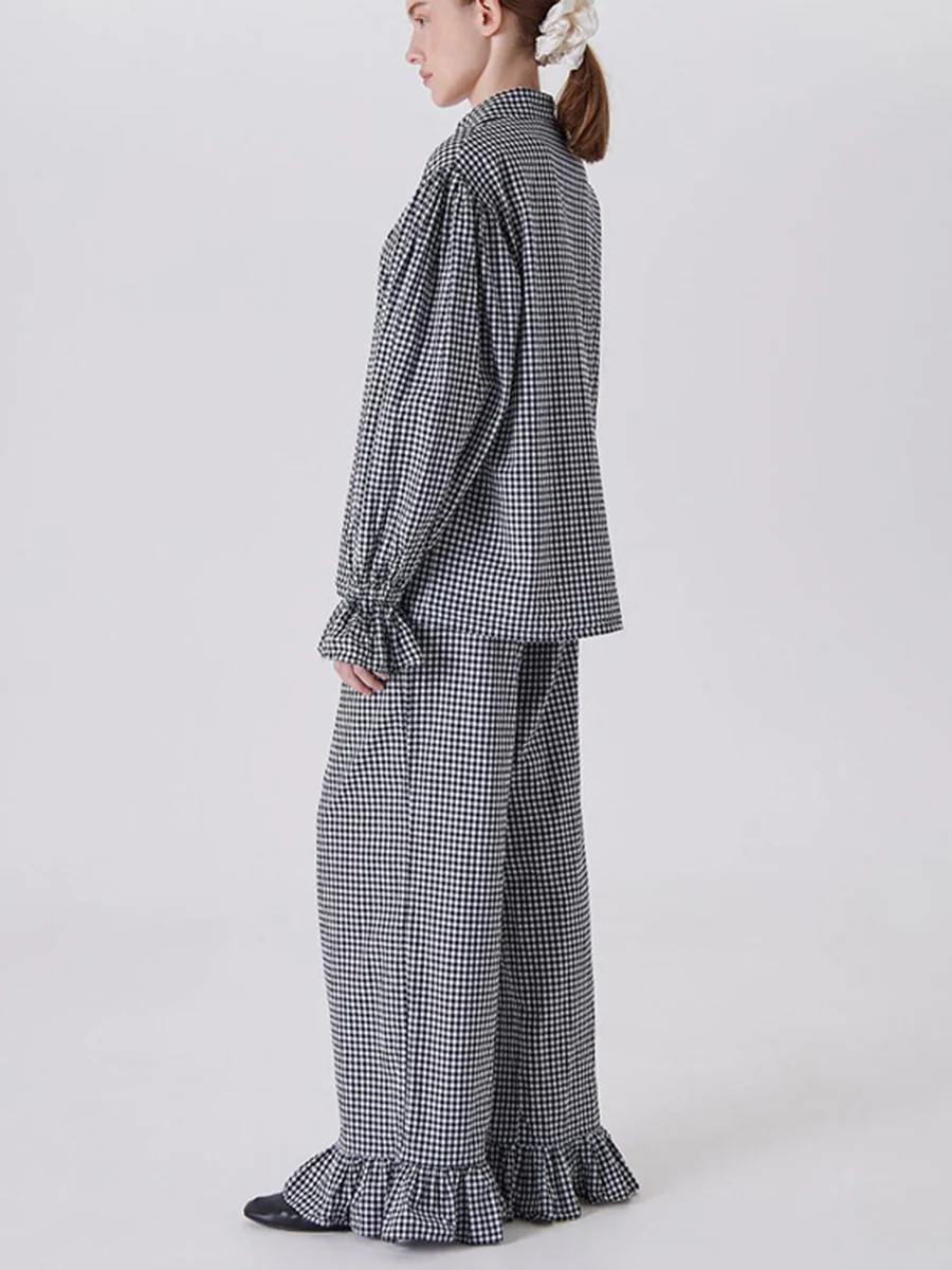 Loose  Contrast Color Plaid Ruffled Split-Joint  Long Sleeves Buttoned Lapel Blouses&Shirts Tops + Pants Two Pieces Set - Image 2