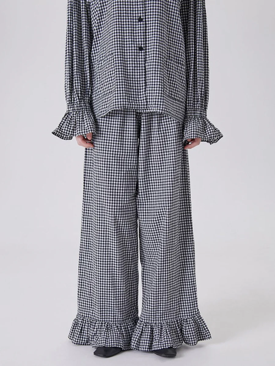 Loose  Contrast Color Plaid Ruffled Split-Joint  Long Sleeves Buttoned Lapel Blouses&Shirts Tops + Pants Two Pieces Set - Image 3