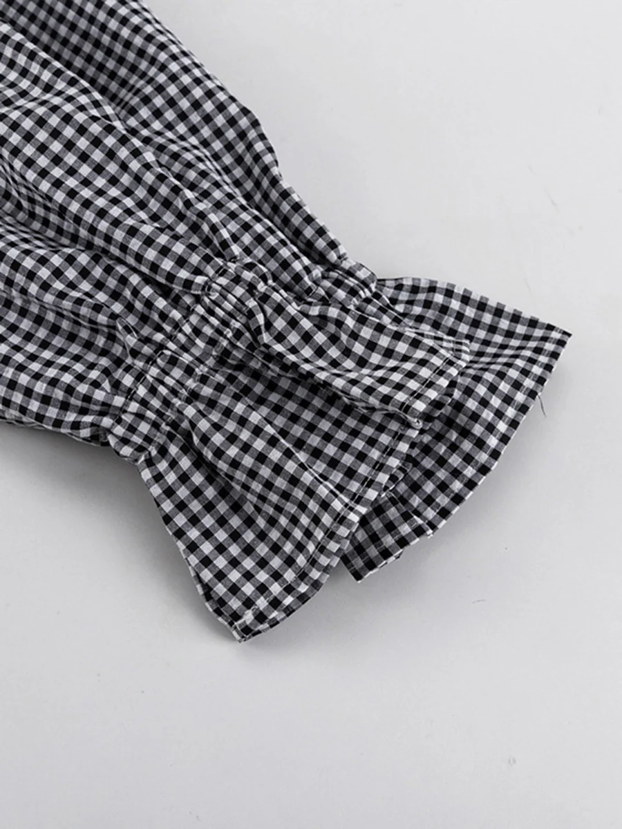 Loose  Contrast Color Plaid Ruffled Split-Joint  Long Sleeves Buttoned Lapel Blouses&Shirts Tops + Pants Two Pieces Set - Image 5