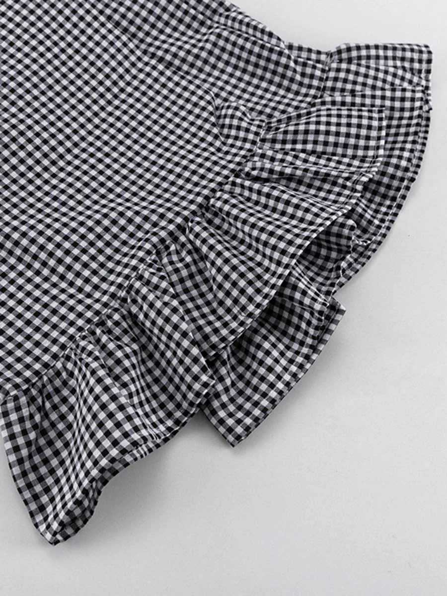 Loose  Contrast Color Plaid Ruffled Split-Joint  Long Sleeves Buttoned Lapel Blouses&Shirts Tops + Pants Two Pieces Set - Image 6
