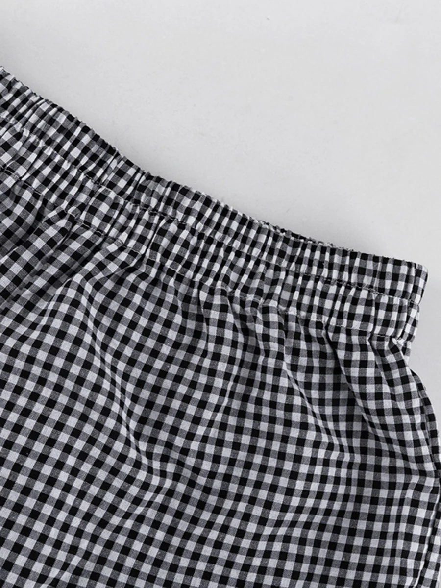 Loose  Contrast Color Plaid Ruffled Split-Joint  Long Sleeves Buttoned Lapel Blouses&Shirts Tops + Pants Two Pieces Set - Image 8