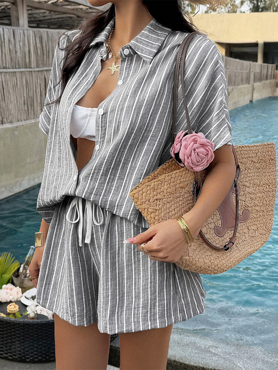 Loose Contrast Color Striped Short Sleeves Buttoned Lapel Blouses&Shirts Tops + Tied Waist Shorts Bottoms Two Pieces Set - Image 2