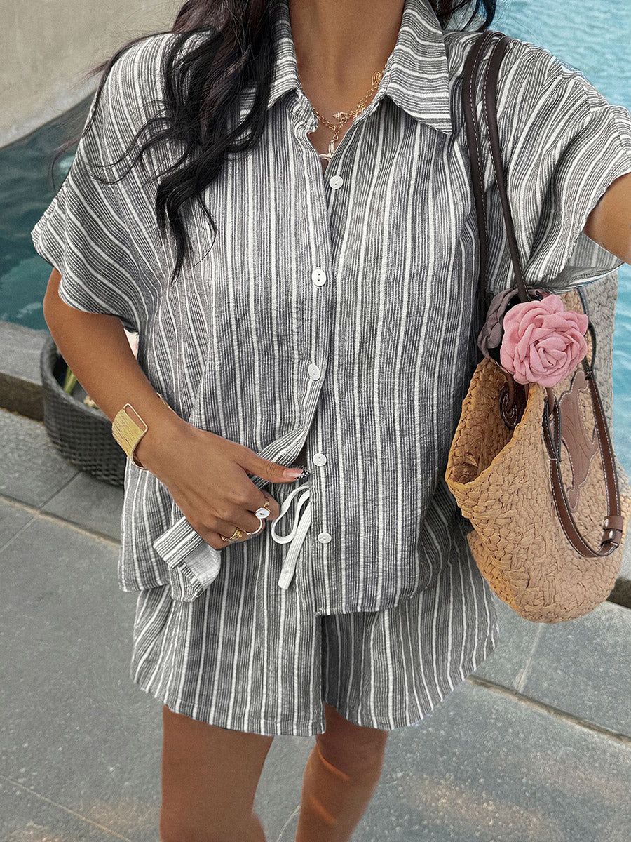 Loose Contrast Color Striped Short Sleeves Buttoned Lapel Blouses&Shirts Tops + Tied Waist Shorts Bottoms Two Pieces Set - Image 3