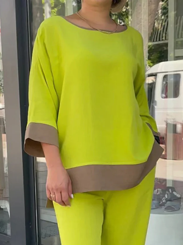 Loose Contrast Color Three-Quarter Sleeves Split-Side Round-Neck Shirts Top + Pants Bottom Two Pieces Set - Image 2