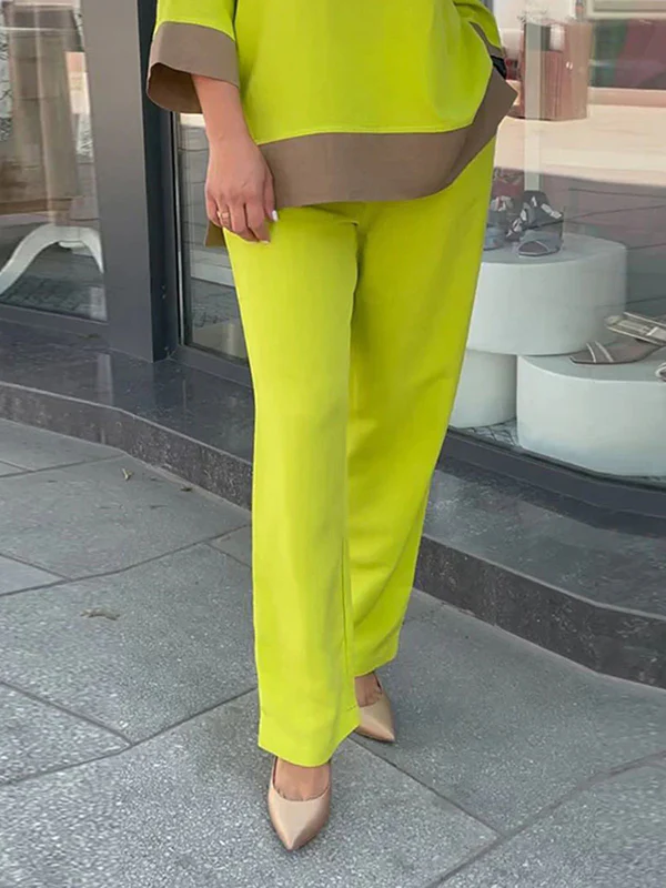 Loose Contrast Color Three-Quarter Sleeves Split-Side Round-Neck Shirts Top + Pants Bottom Two Pieces Set - Image 3