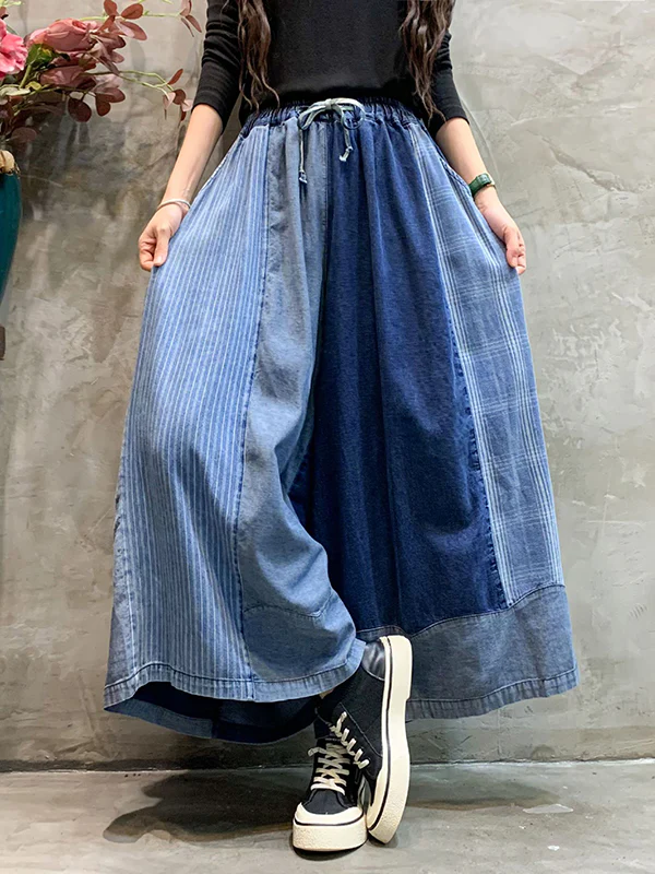 Loose  Drawstring Elasticity Plaid Split-Joint Ninth Jean Pants Bottoms - Image 10