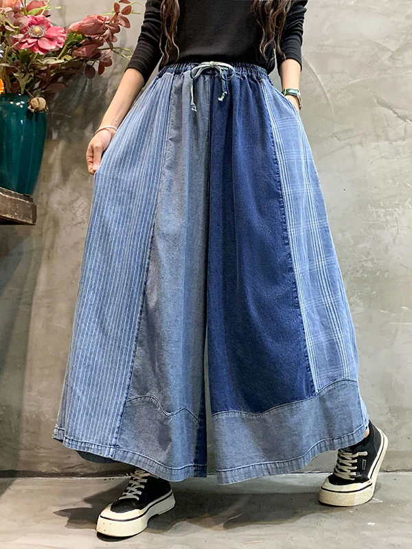Loose  Drawstring Elasticity Plaid Split-Joint Ninth Jean Pants Bottoms - Image 11
