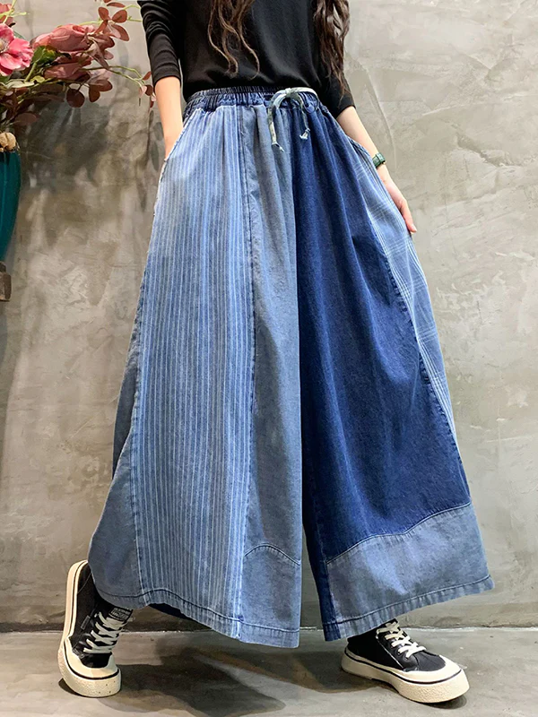 Loose  Drawstring Elasticity Plaid Split-Joint Ninth Jean Pants Bottoms - Image 12
