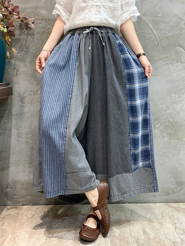 Loose  Drawstring Elasticity Plaid Split-Joint Ninth Jean Pants Bottoms - Image 2