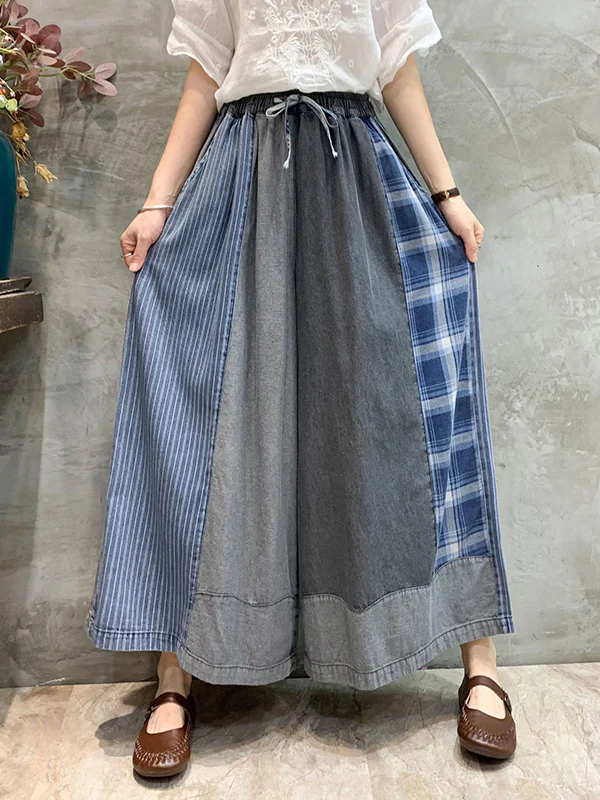 Loose  Drawstring Elasticity Plaid Split-Joint Ninth Jean Pants Bottoms - Image 3