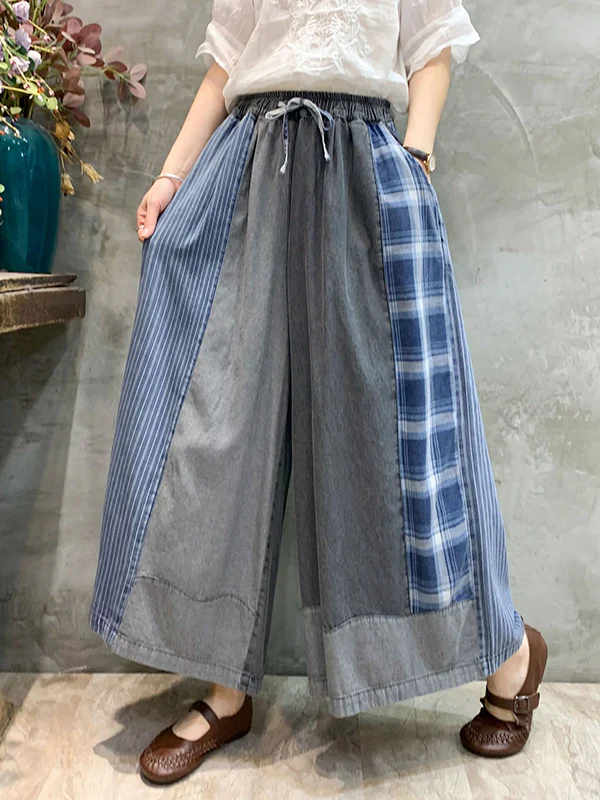 Loose  Drawstring Elasticity Plaid Split-Joint Ninth Jean Pants Bottoms - Image 4