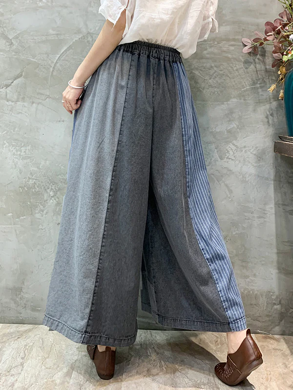 Loose  Drawstring Elasticity Plaid Split-Joint Ninth Jean Pants Bottoms - Image 6