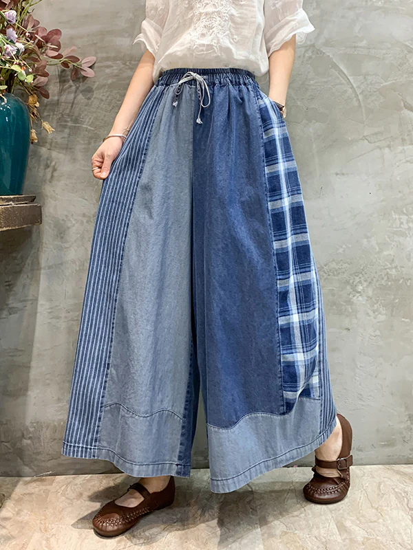 Loose  Drawstring Elasticity Plaid Split-Joint Ninth Jean Pants Bottoms - Image 7