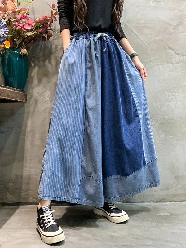 Loose  Drawstring Elasticity Plaid Split-Joint Ninth Jean Pants Bottoms - Image 9