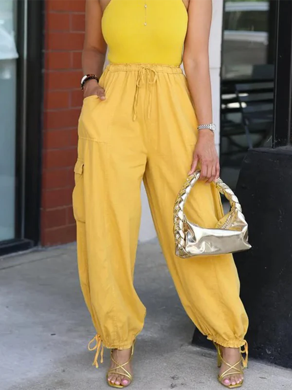 Loose Drawstring Elasticity Pockets Solid Color Casual Pants Bottoms Cropped Trousers Trousers - Image 2