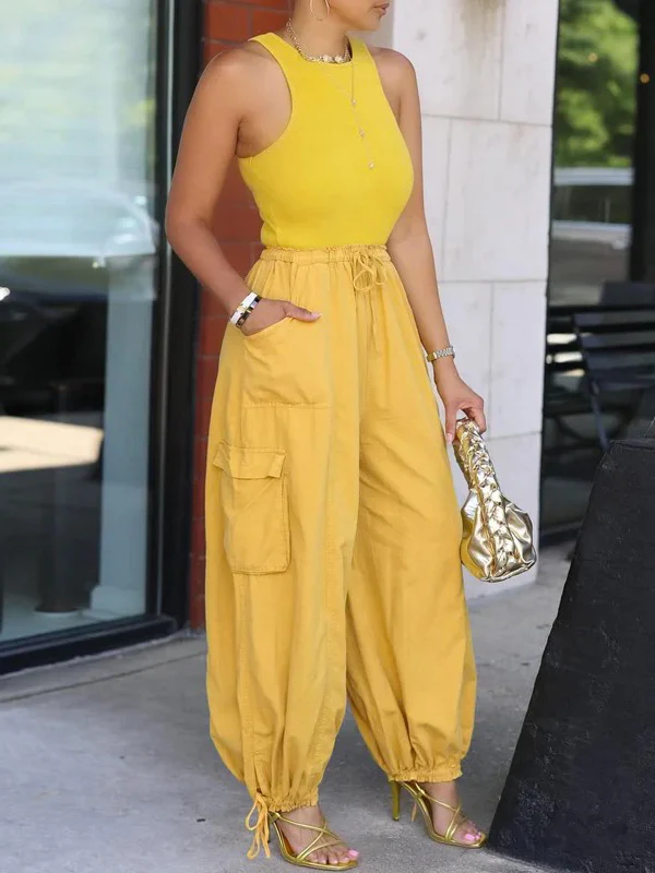 Loose Drawstring Elasticity Pockets Solid Color Casual Pants Bottoms Cropped Trousers Trousers - Image 3