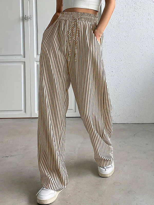 Loose Drawstring Elasticity Pockets Split-Joint Striped Pants Trousers - Image 2