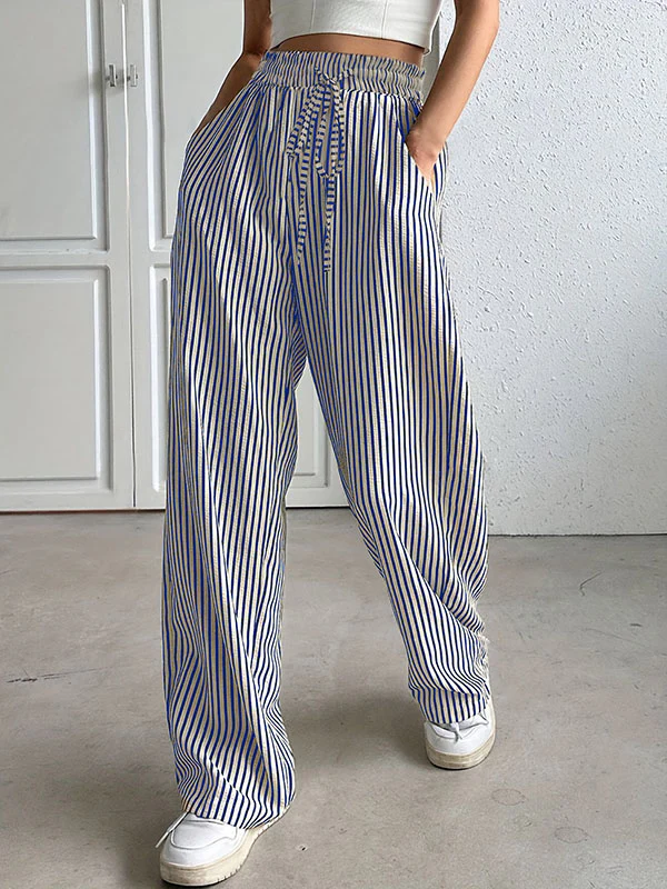 Loose Drawstring Elasticity Pockets Split-Joint Striped Pants Trousers - Image 3