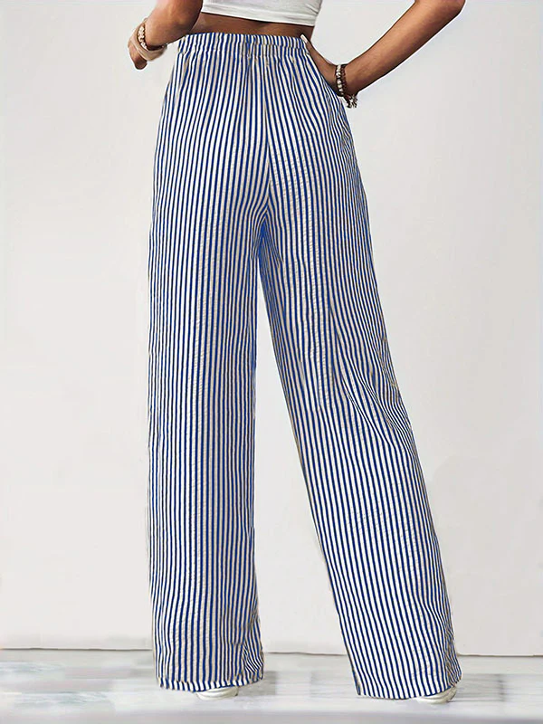 Loose Drawstring Elasticity Pockets Split-Joint Striped Pants Trousers - Image 4