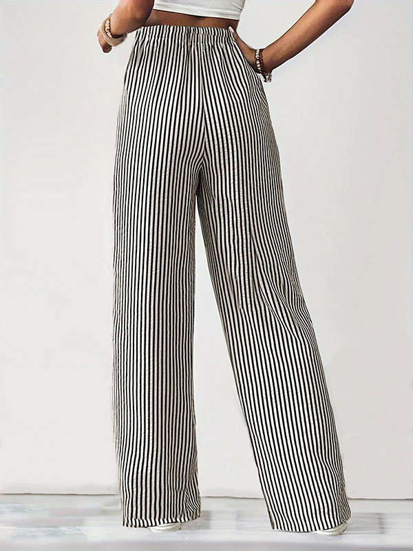 Loose Drawstring Elasticity Pockets Split-Joint Striped Pants Trousers - Image 5