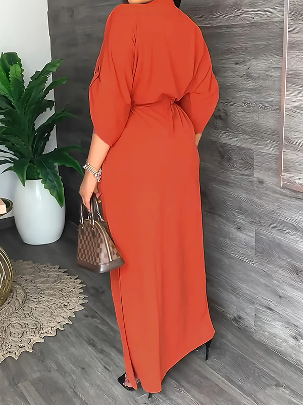Loose Drawstring Solid Color Split-Side V-Neck Maxi Dresses - Image 10