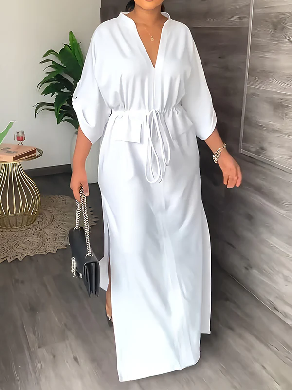 Loose Drawstring Solid Color Split-Side V-Neck Maxi Dresses - Image 3