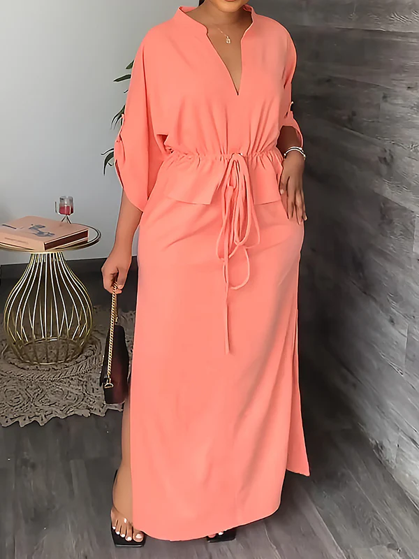 Loose Drawstring Solid Color Split-Side V-Neck Maxi Dresses - Image 4