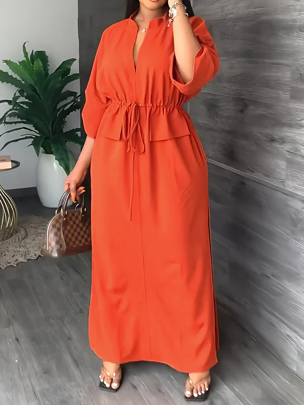 Loose Drawstring Solid Color Split-Side V-Neck Maxi Dresses - Image 5