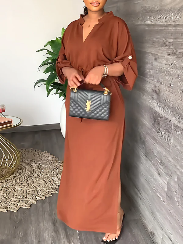 Loose Drawstring Solid Color Split-Side V-Neck Maxi Dresses - Image 6