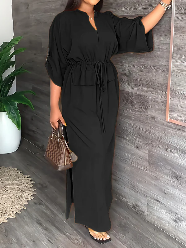 Loose Drawstring Solid Color Split-Side V-Neck Maxi Dresses - Image 7