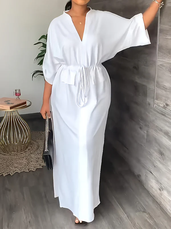 Loose Drawstring Solid Color Split-Side V-Neck Maxi Dresses - Image 8