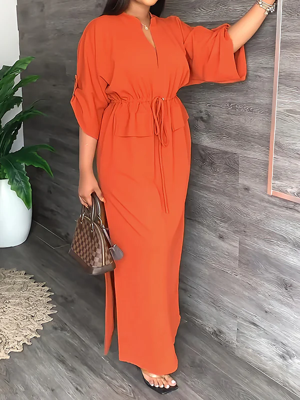 Loose Drawstring Solid Color Split-Side V-Neck Maxi Dresses - Image 9