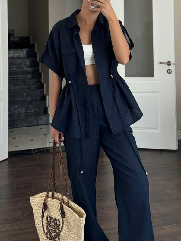 Loose Drawstring Split-Joint Tied Waist Lapel Blouse + High Waisted Pants Trousers Two Pieces Set - Image 4