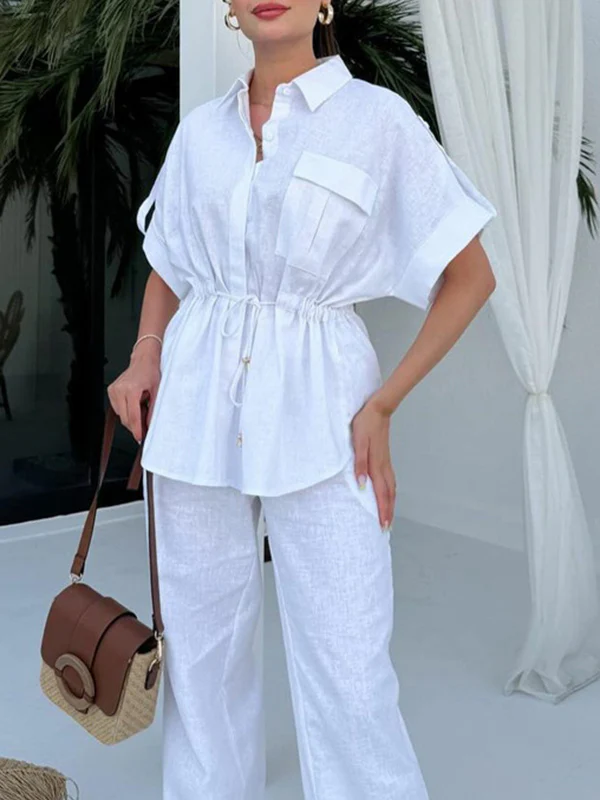 Loose Drawstring Split-Joint Tied Waist Lapel Blouse + High Waisted Pants Trousers Two Pieces Set - Image 5