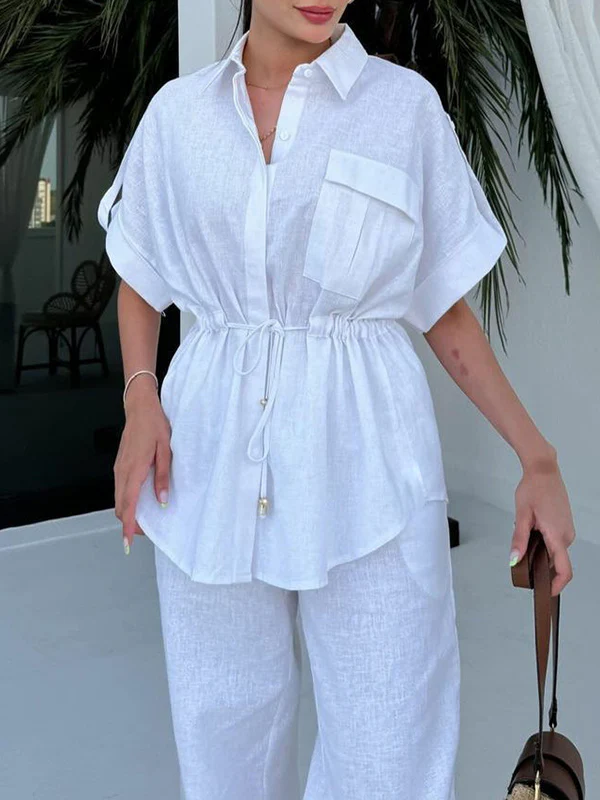 Loose Drawstring Split-Joint Tied Waist Lapel Blouse + High Waisted Pants Trousers Two Pieces Set - Image 6