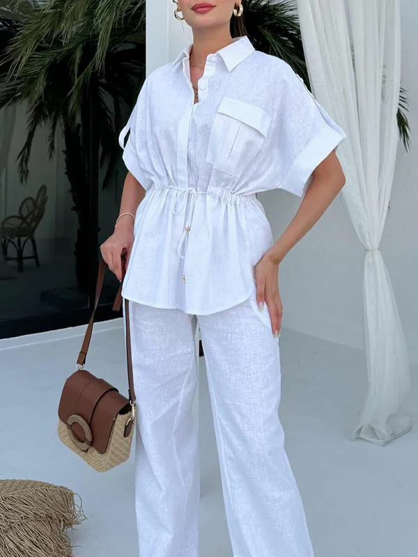 Loose Drawstring Split-Joint Tied Waist Lapel Blouse + High Waisted Pants Trousers Two Pieces Set - Image 7