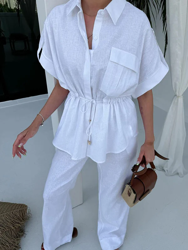 Loose Drawstring Split-Joint Tied Waist Lapel Blouse + High Waisted Pants Trousers Two Pieces Set - Image 8