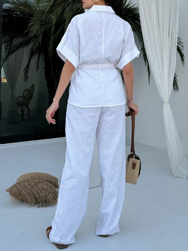 Loose Drawstring Split-Joint Tied Waist Lapel Blouse + High Waisted Pants Trousers Two Pieces Set - Image 9