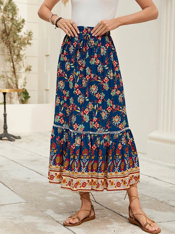 Loose Elasticity Flower Print Pleated Split-Joint Skirts Bottoms - Image 2