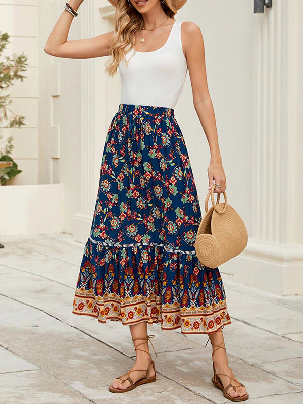 Loose Elasticity Flower Print Pleated Split-Joint Skirts Bottoms - Image 3