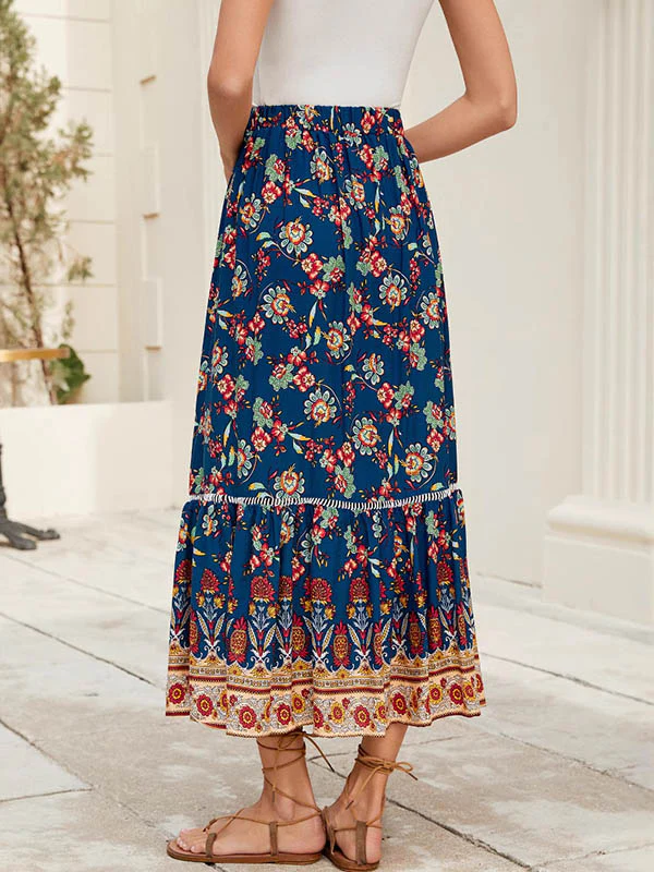 Loose Elasticity Flower Print Pleated Split-Joint Skirts Bottoms - Image 6