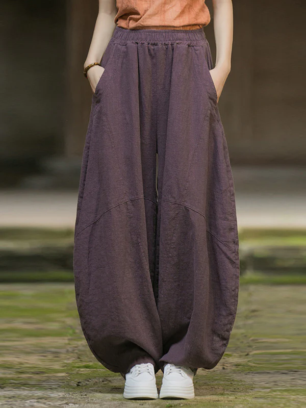 Loose Elasticity Pockets Solid Color Split-Joint Cropped Trousers Pants - Image 10