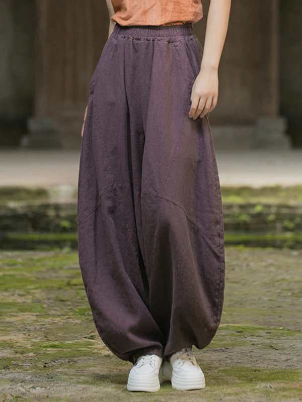 Loose Elasticity Pockets Solid Color Split-Joint Cropped Trousers Pants - Image 11