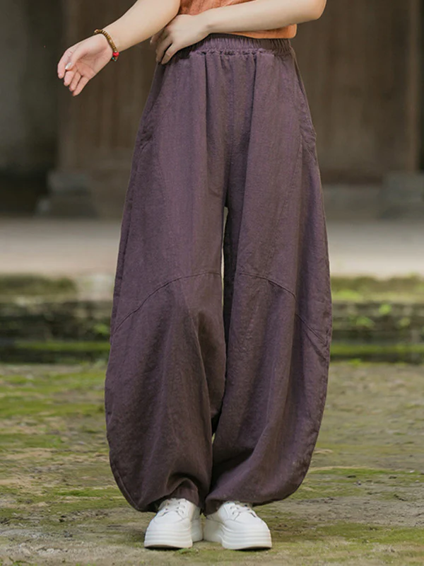 Loose Elasticity Pockets Solid Color Split-Joint Cropped Trousers Pants - Image 12
