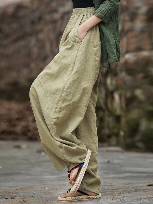 Loose Elasticity Pockets Solid Color Split-Joint Cropped Trousers Pants - Image 13