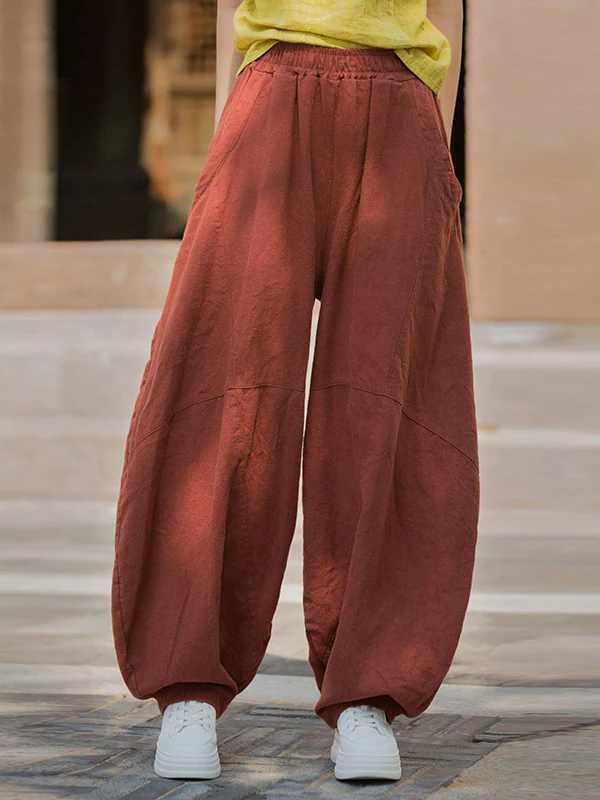 Loose Elasticity Pockets Solid Color Split-Joint Cropped Trousers Pants - Image 14