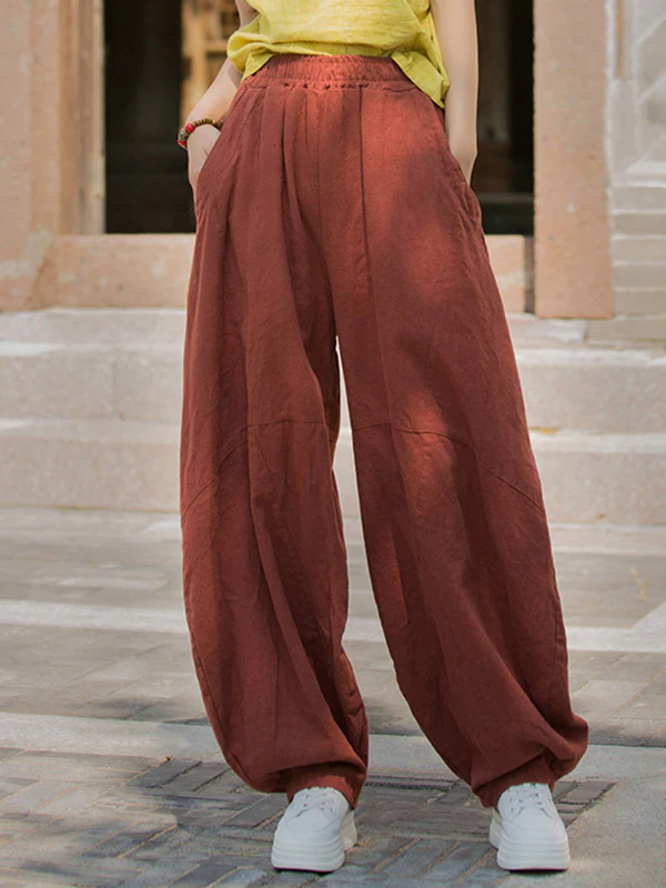 Loose Elasticity Pockets Solid Color Split-Joint Cropped Trousers Pants - Image 16